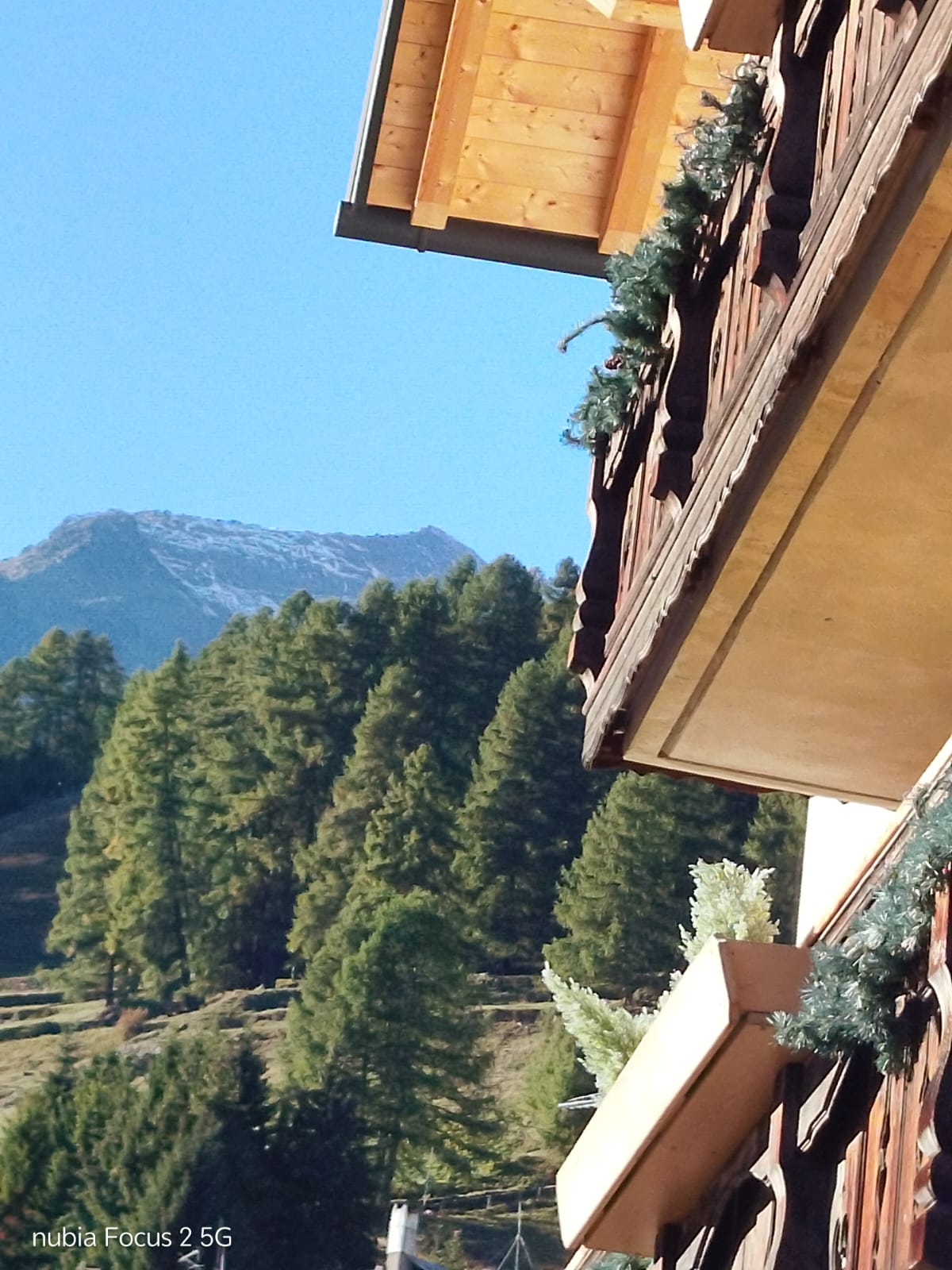 A mountain landscape framed beside a wooden balcony with potted plants and evergreen trees in bright sunlight.